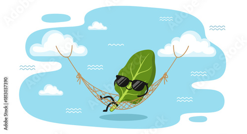 Relaxing Leaf in Sunglasses Lounging in Hammock Against Blue Sky with Clouds