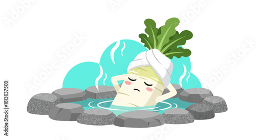Relaxing Radish Enjoying Onsen: A Whimsical Illustration with Soothing Ambiance