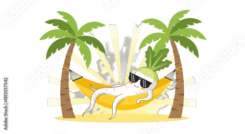 Relaxing Radish In Sunglasses Enjoys Summer Vacation Under Palm Trees