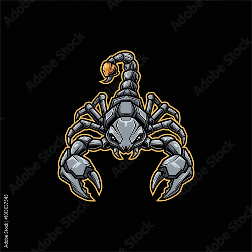 A detailed illustration of a scorpion with a metallic appearance, set against a black background.