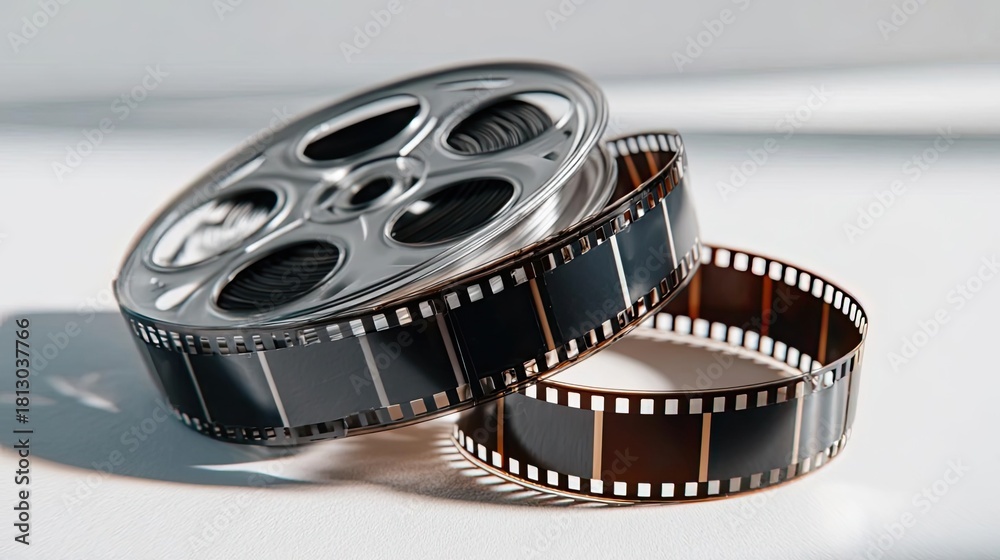 Naklejka premium Old underexposed 35mm film on white concept. A vintage film reel and film strip showcasing cinematic history.