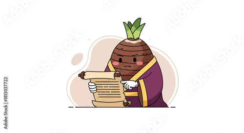 Taro Root Wizard Reading Ancient Scrolls In A Dark Background Cartoon Illustration