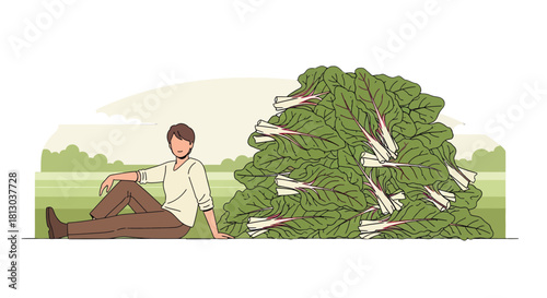 Relaxing With Abundance: A Farmer Contemplates A Massive Pile Of Fresh Greens