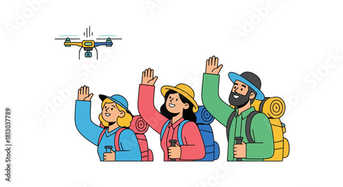 Thrilling Trio Waving to Drone, Capturing Memorable Moments in the Wilderness Environment