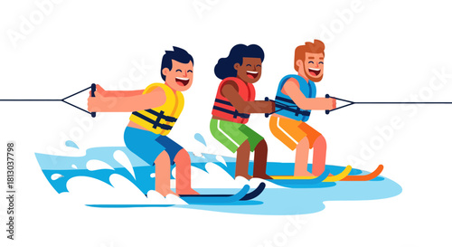 Thrilling Waterskiing Adventure: A Trio Enjoying Sunshine, Fun, and Aquatic Sports