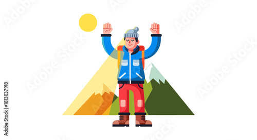 Triumphant Hiker On Mountain With Arms Outstretched Against Dark Night Sky