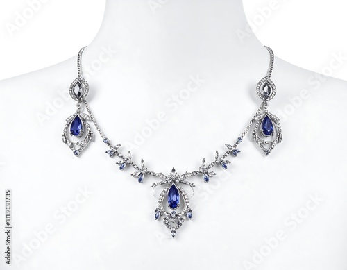 Elegant necklace with sapphires and diamonds, displayed on a white mannequin torso
