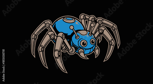 A detailed illustration of a mechanical spider with a blue body and metallic legs against a black background.