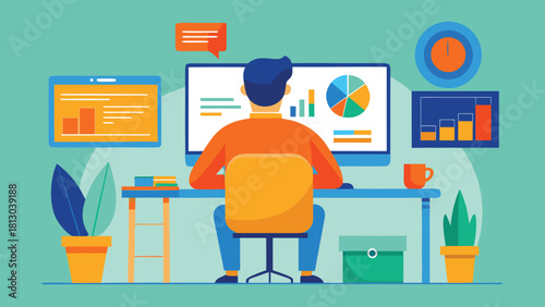 Man focused on a computer screen displaying various graphs and charts for data analysis..eps