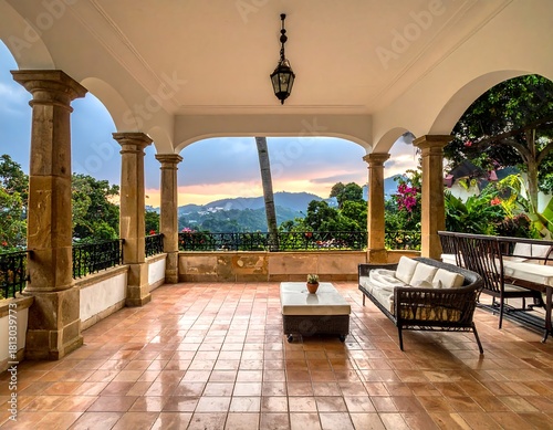 Elegant open-air patio with a scenic view, featuring arches, pillars, and stylish seating