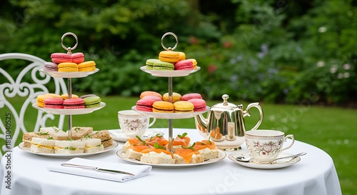 Elegant outdoor setting with tiered trays of pastries, sandwiches, and tea set on a white table