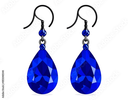 Elegant pair of drop earrings with dark hooks, blue beads, and pear-shaped sapphire gems