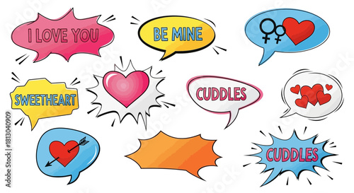 Romantic speech bubbles with love messages for valentines day celebration and dating invitation