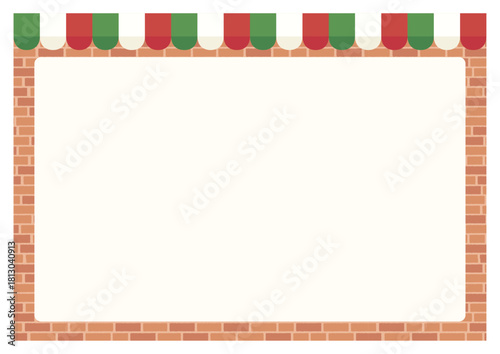 A4サイズ横CMYKメニュー表台紙、イタリアンカラーのオーニングと明るい色のレンガ壁背景