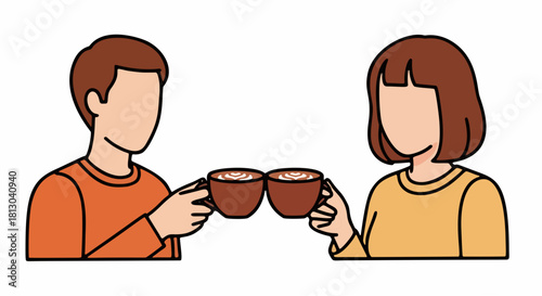 two friends a man and a woman having cups of coffee together vector