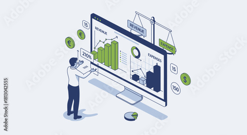 Business analytics and financial data visualization on computer screen.