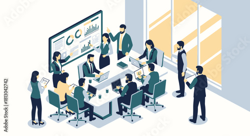 Business Meeting with Data Analysis on Large Screen.