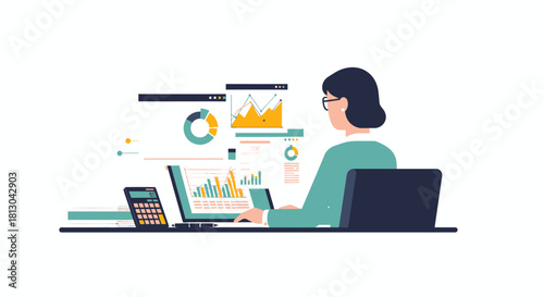 Businesswoman analyzing financial data on multiple screens.