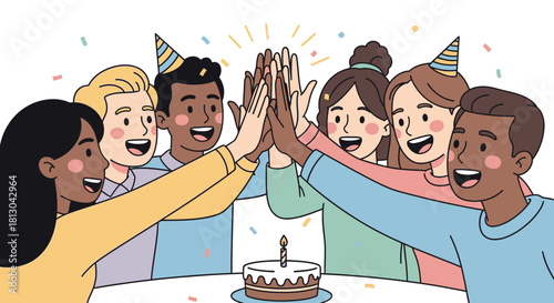 Diverse group of friends celebrating a birthday with a cake and party hats.