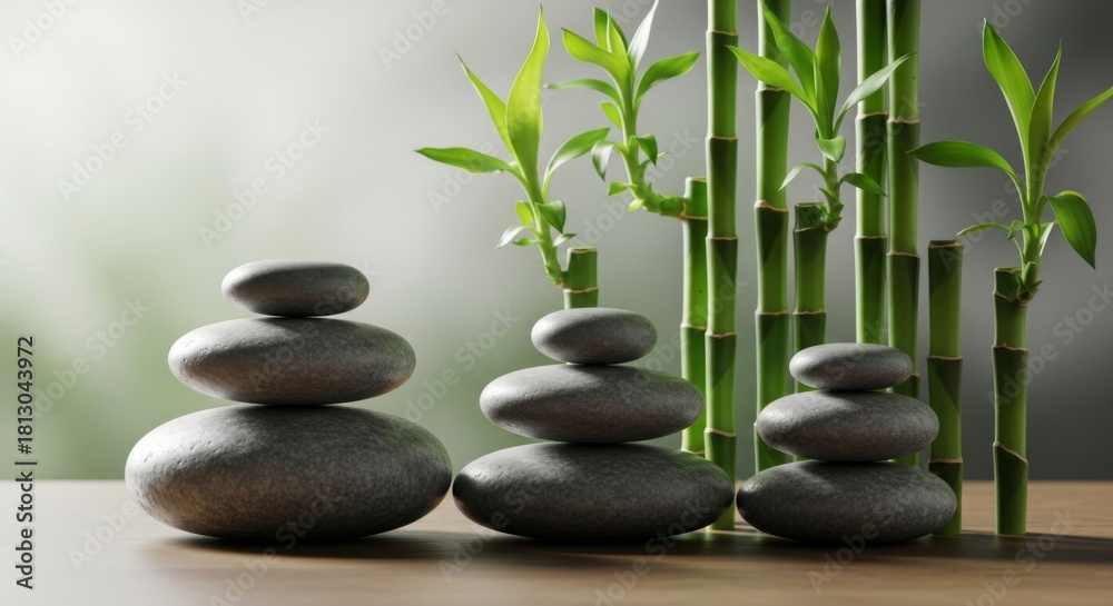 Obraz premium Balanced zen stones with bamboo shoots on wooden surface