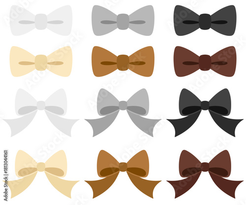 かわいいリボン 蝶結び＆蝶ネクタイ風の無彩色・茶色系カラーセット