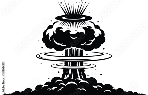 Stylized nuclear explosion vector illustration with mushroom cloud, shockwaves, energy burst, destruction concept, black and white dramatic artwork