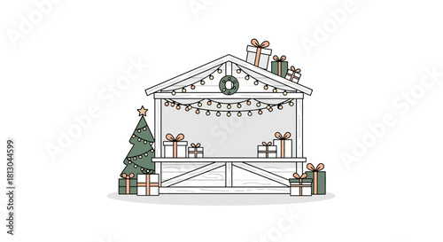 Festive Christmas Market Stall Illustration with Gifts and Decorations for Holiday Events and Seasonal Promotions, Ideal for Greeting Cards and Festive Advertising
