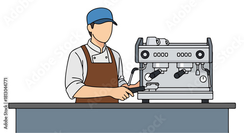 flat vector of a barista and a coffee machine on the table