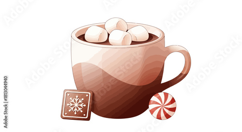 Cozy hot chocolate with marshmallows and festive treats, perfect for winter holidays, seasonal menus, or creating a warm, inviting atmosphere in designs.