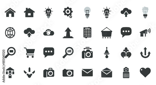 Comprehensive collection of minimalist black glyph icons representing common functions and actions for user interface design and digital applications.