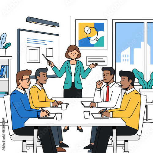 Dynamic business meeting in modern office with diverse team collaborating and brainstorming ideas, led by confident female executive presenting strategy with engaging visuals