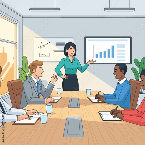 Dynamic team engaging in a productive business meeting with a confident leader presenting growth charts and strategies, fostering collaboration and success in a modern office setting