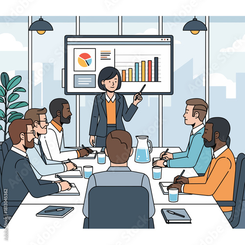 Engaging business presentation by confident leader to diverse team, fostering collaboration and driving success, showcasing financial growth in a modern office setting