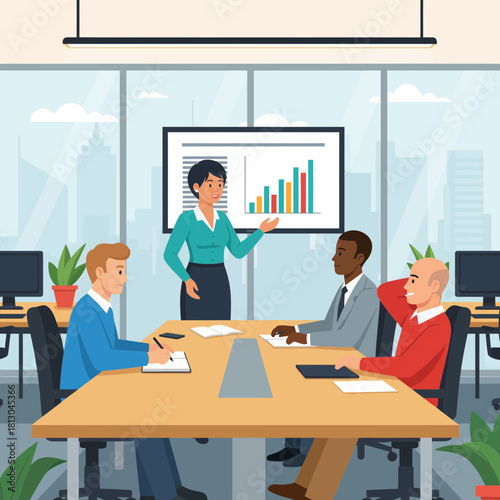 Dynamic team collaboration in modern office space, businesswoman presenting positive growth charts to diverse colleagues at conference table, professional business meeting illustration