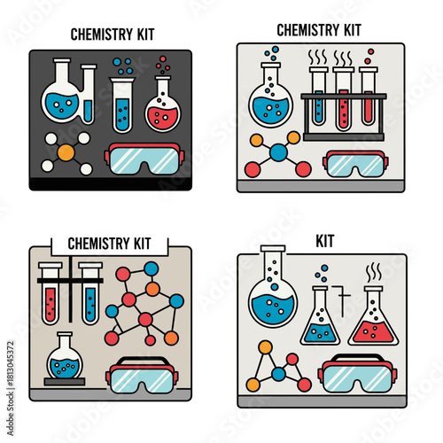 Whimsical chemistry sets for playful learning and scientific discovery, perfect for educational materials, science-themed designs, and creative projects originally designed as vector art