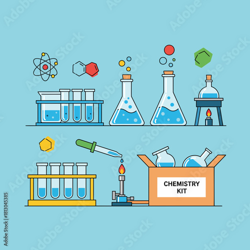 Explore a chemistry kit filled with beakers, test tubes, and a Bunsen burner ready for scientific experiments, creating a modern and engaging science-themed visual