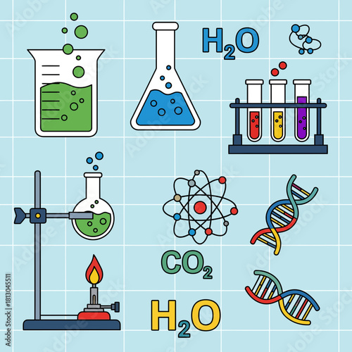 Engaging science elements perfect for educational materials and presentations, ideal for chemistry, biology and laboratory, with flasks, molecules, DNA models and burners