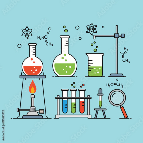 Dynamic science illustration showcasing colorful chemical reactions and lab equipment, perfect for educational materials and scientific presentations, originally a scalable vector graphic