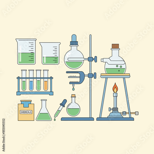 Illustrated laboratory equipment scene creates a feeling of scientific study, beakers, test tubes, flasks, and burner evoke the atmosphere of chemistry and experimentation