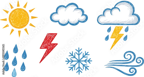 A collection of hand-drawn weather symbols representing sun, clouds, rain, thunderstorm, lightning, snow, and wind.