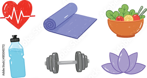 A set of hand-drawn icons representing a healthy lifestyle, including exercise, diet, and wellness symbols.