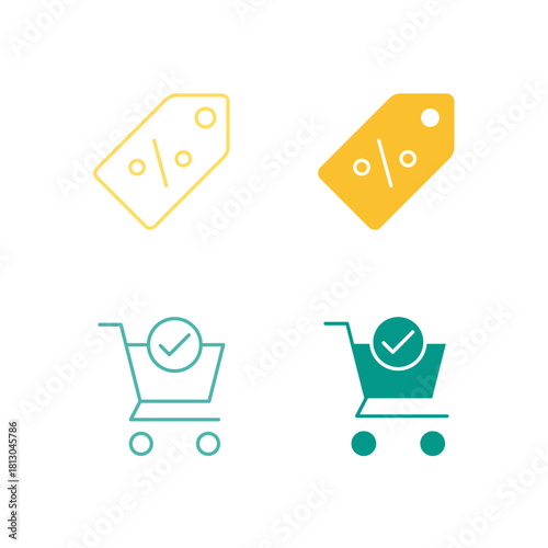 Flat Colored Discount and Checkout Icon Set in Outline and Solid Style for E-commerce Sales and Final Purchase