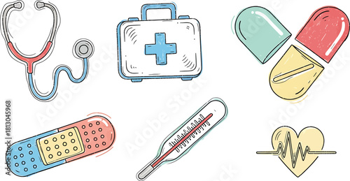 A collection of hand-drawn medical icons including a stethoscope, first aid kit, pills, and a thermometer.