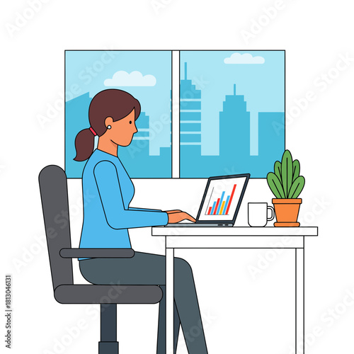 Professional woman analyzes financial data on laptop in modern office, driving business growth with strategic insights and data driven decision making for success