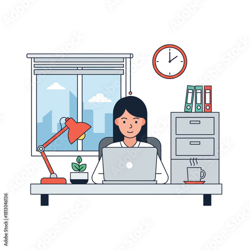 Professional woman working from home with laptop, radiating focus and productivity in a bright, modern workspace, showing dedication and efficiency in remote work setup