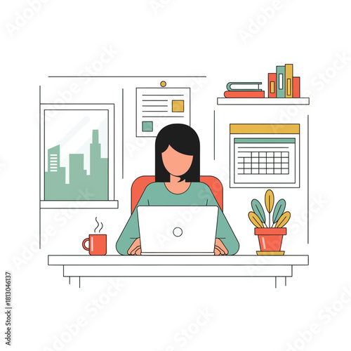 Modern professional woman working from her home office, enjoying the flexibility and productivity of remote work with laptop, coffee, and a view of the city skyline