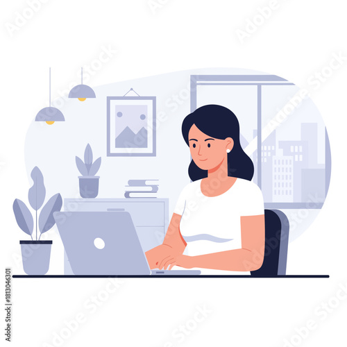 Professional woman working on laptop at desk, perfect for business solutions, online education, remote work, and modern lifestyle concepts, originally created as scalable vector graphics