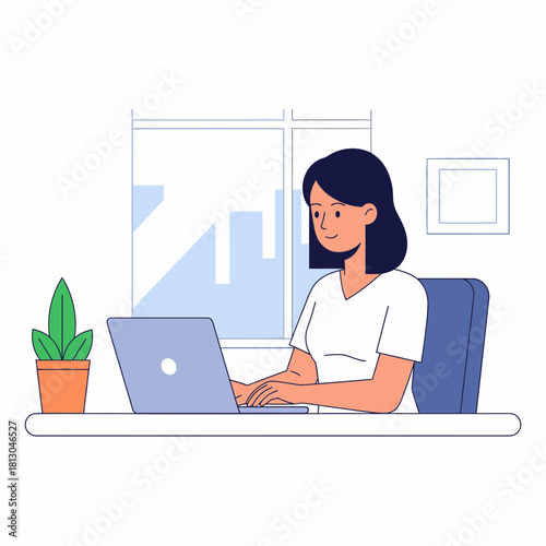 Modern professional woman working on laptop with city view, a focused entrepreneur in her workspace, illustrating productivity and a calm workday, available for commercial use