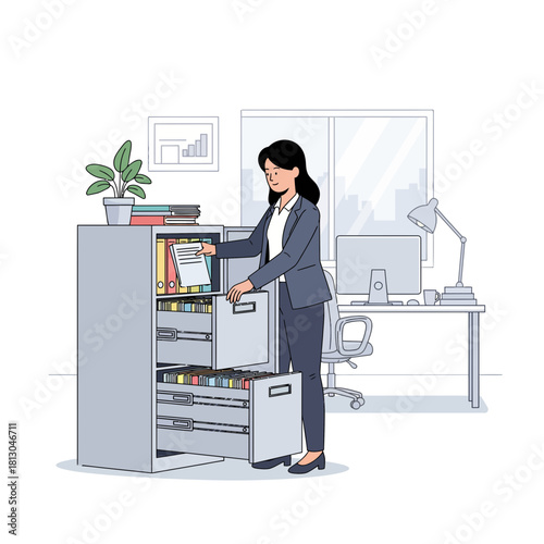 Organized businesswoman filing documents in her modern office, ensuring seamless workflow and efficient record-keeping for enhanced productivity and success, professional illustration