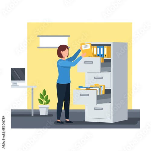 Efficient office worker organizing files in cabinet, streamlining paperwork for peak productivity, ensuring meticulous documentation and recordkeeping, a modern professional scene